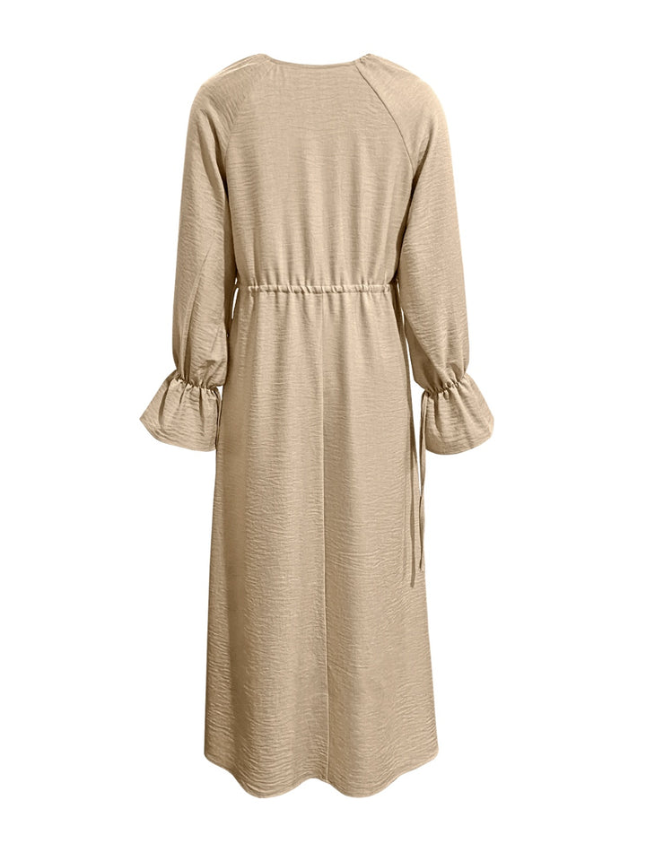 Fashion Sava | Flounce Sleeve Dress | Elegant Tie Neck Style - Tan
