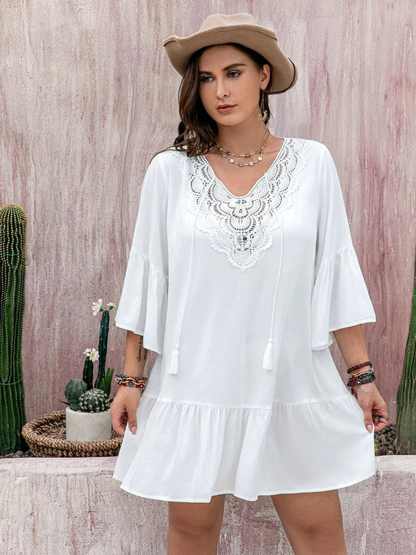 Fashion Sava | Lace Detail Tie Neck Mini Dress | Elegant & Chic - White