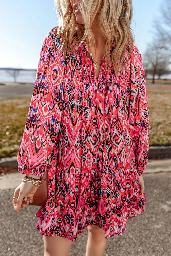 Fashion Sava | Tie Neck Tassel Dress | Long Sleeve Elegance - Strawberry