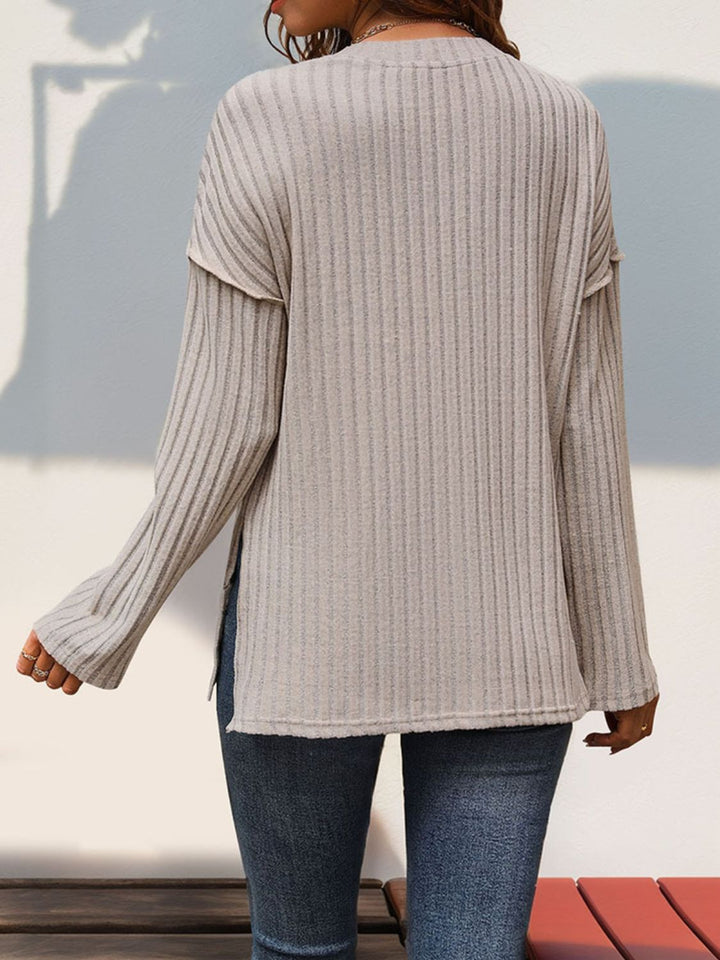 Fashion Sava | Slit Button T-Shirt | Versatile Long Sleeve Style