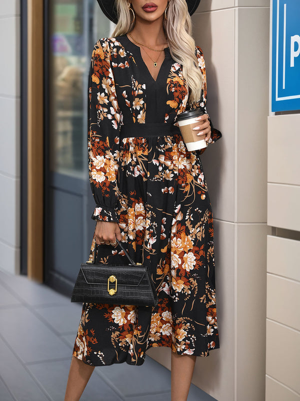 Fashion Sava | Printed Notched Midi Dress | Stylish Long Sleeve - Black