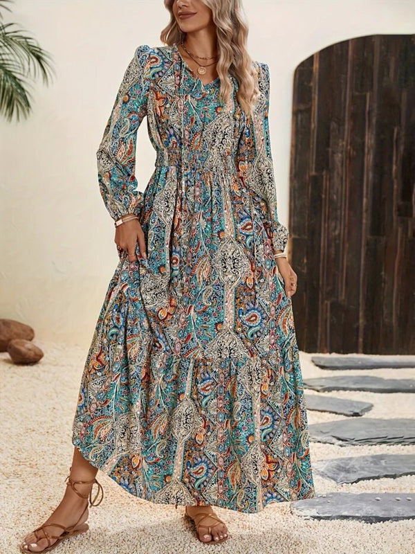 Fashion Sava | Tie Neck Maxi Dress | Printed Long Sleeve - Air Force Blue
