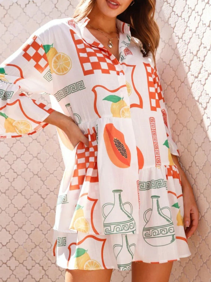 Fashion Sava | Three-Quarter Sleeve Mini Dress | Printed Design - Orange