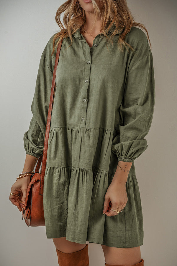 Fashion Sava | Tiered Balloon Sleeve Dress | Elegant Style - Moss