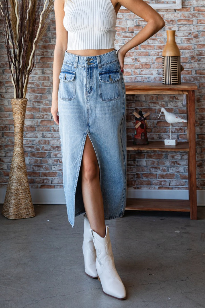 Fashion Sava | Denim Skirt | Mid Rise Slit Design