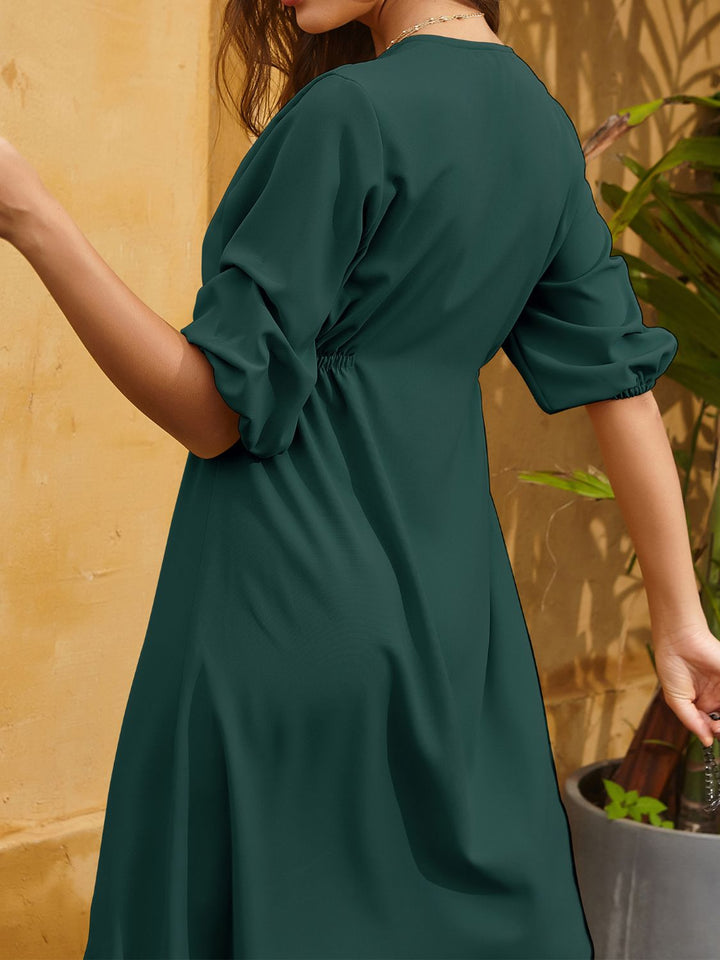 Fashion Sava | Ruched Button-Up Dress | Half Sleeve Elegance - Dark Green