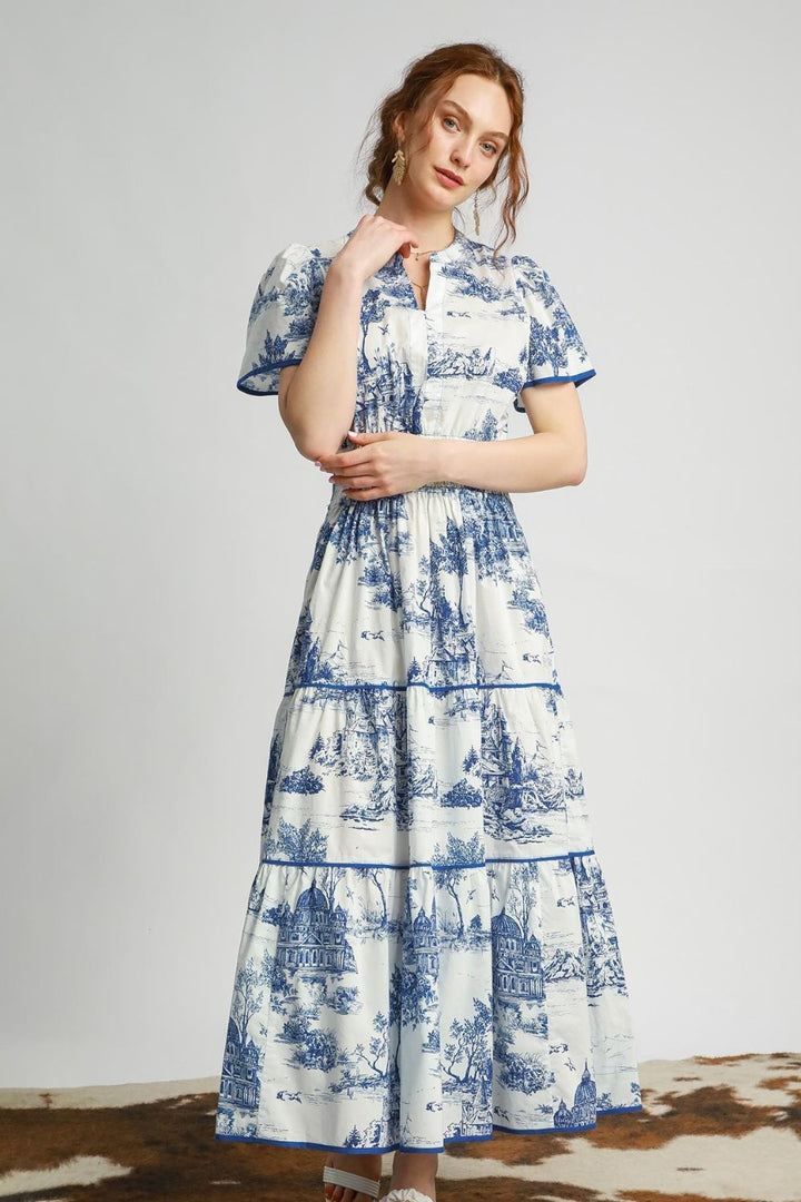 Fashion Sava | Umgee Landscape Print Maxi Dress | Tiered Short Sleeve - Blue