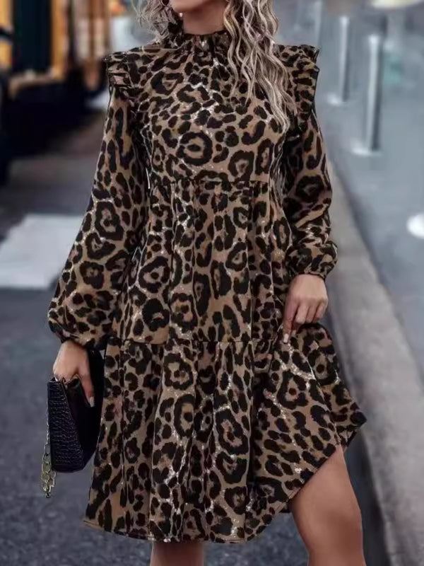 Fashion Sava | Ruffled Mock Neck Dress | Trendy Mini Style - Coffee Brown