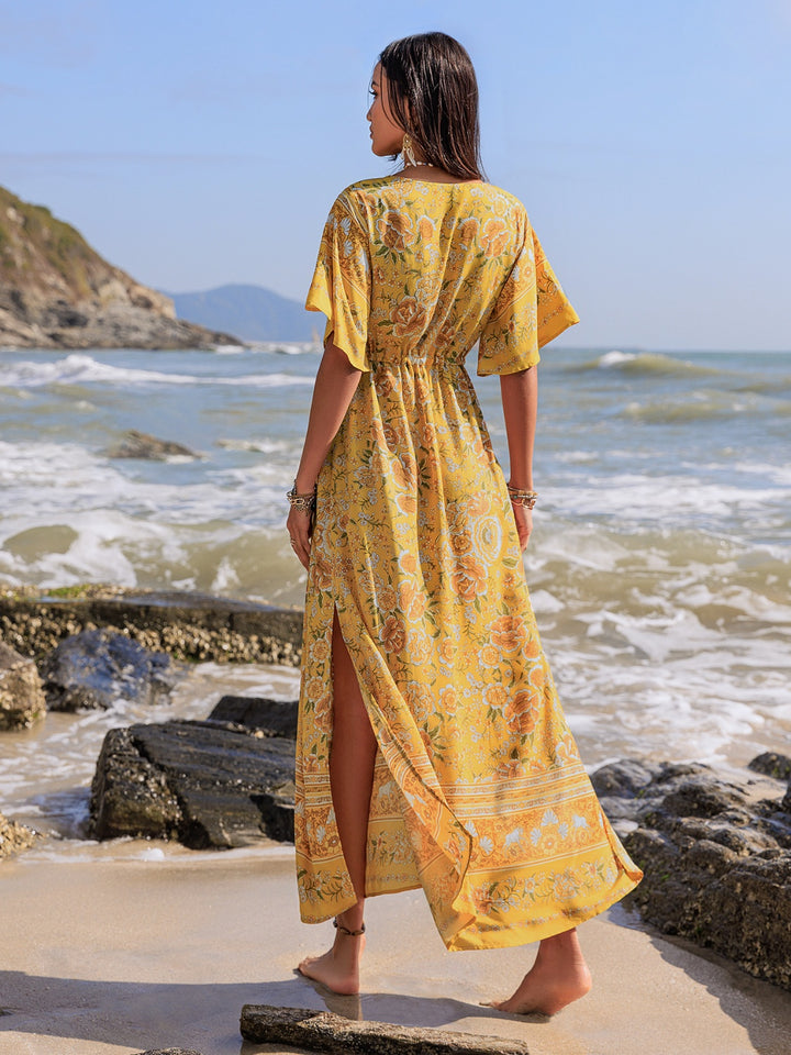 Fashion Sava | Plunge Half Sleeve Dress | Drawstring & Printed Design - Gold