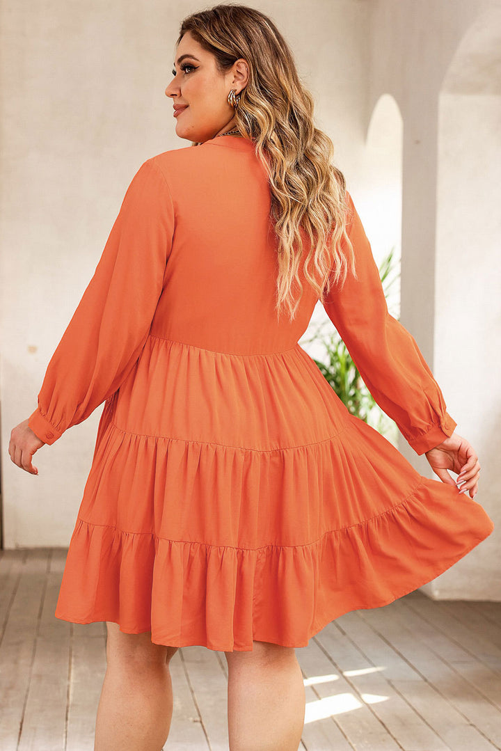 Fashion Sava | Notched Neck Mini Dress | Printed Long Sleeve - Orange