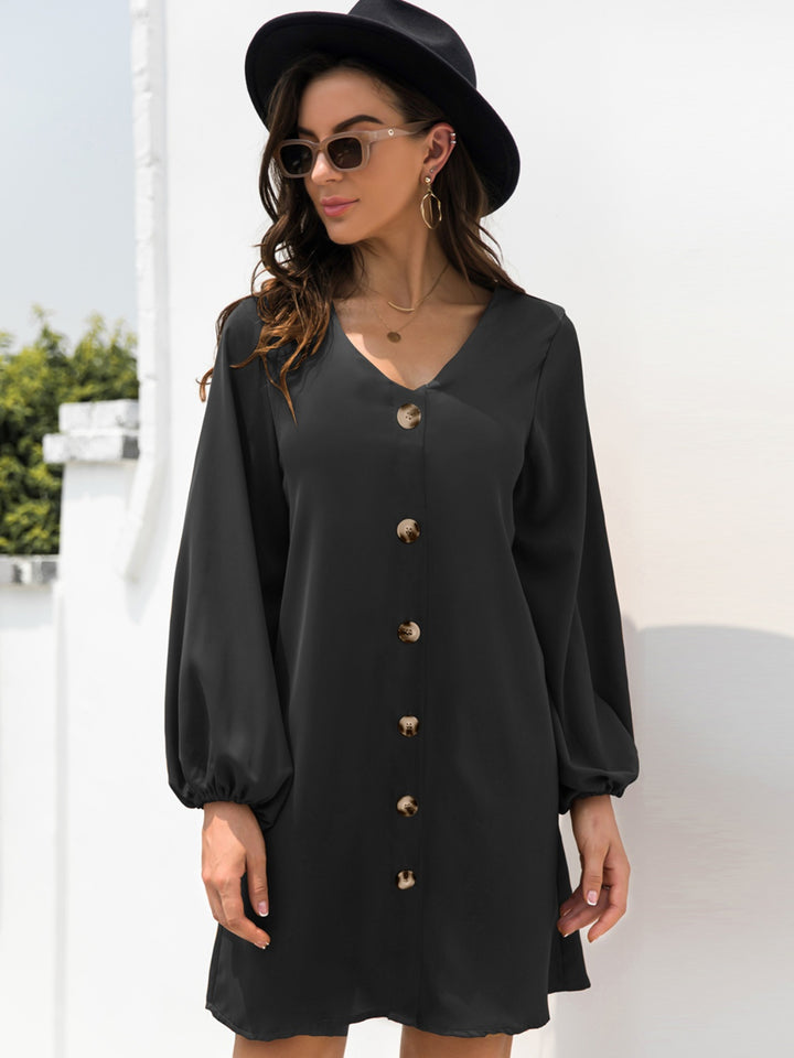 Fashion Sava | V-Neck Mini Dress | Sleek Long Sleeve Style - Black