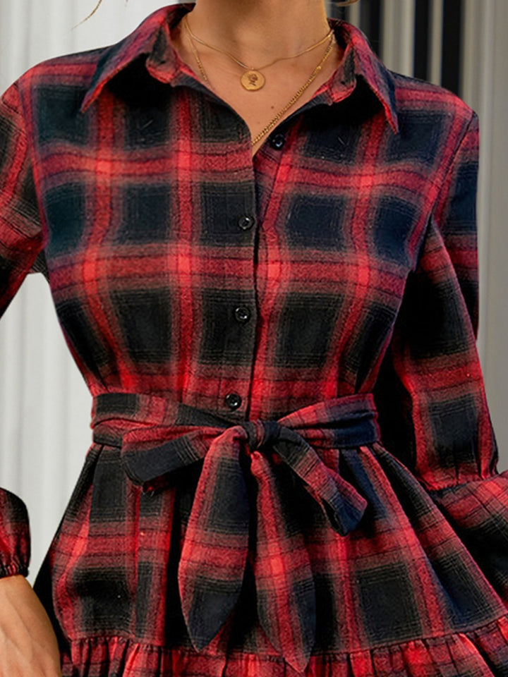 Fashion Sava | Tied Plaid Mini Dress | Long Sleeve Casual Wear - Burgundy