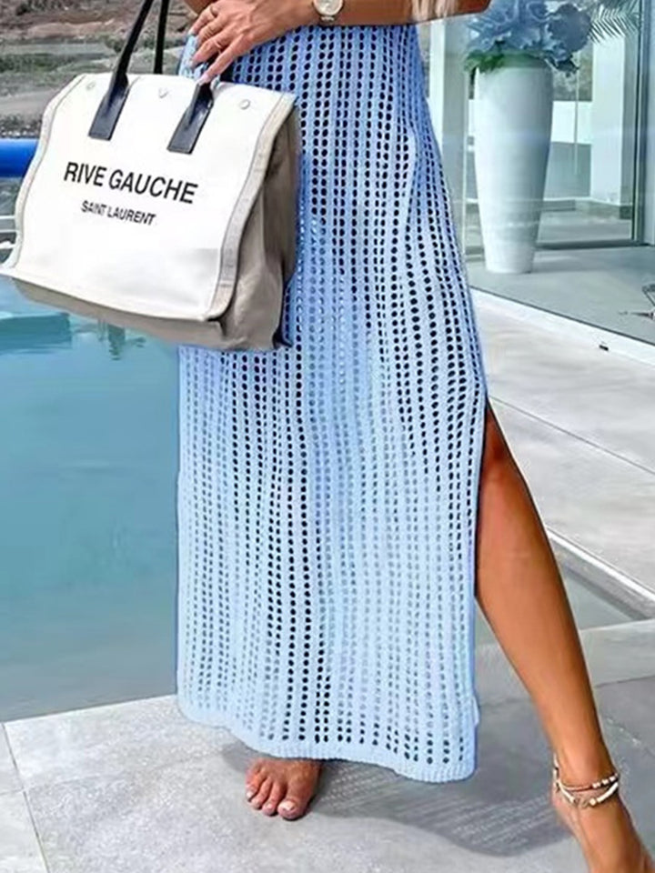 Fashion Sava | Openwork Slit Dress | Wide Strap Elegance - Light Blue