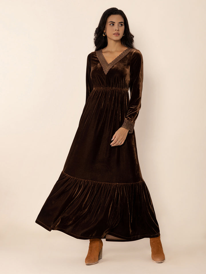 Fashion Sava | Lace V-Neck Maxi Dress | Elegant Long Sleeve - Dark Brown