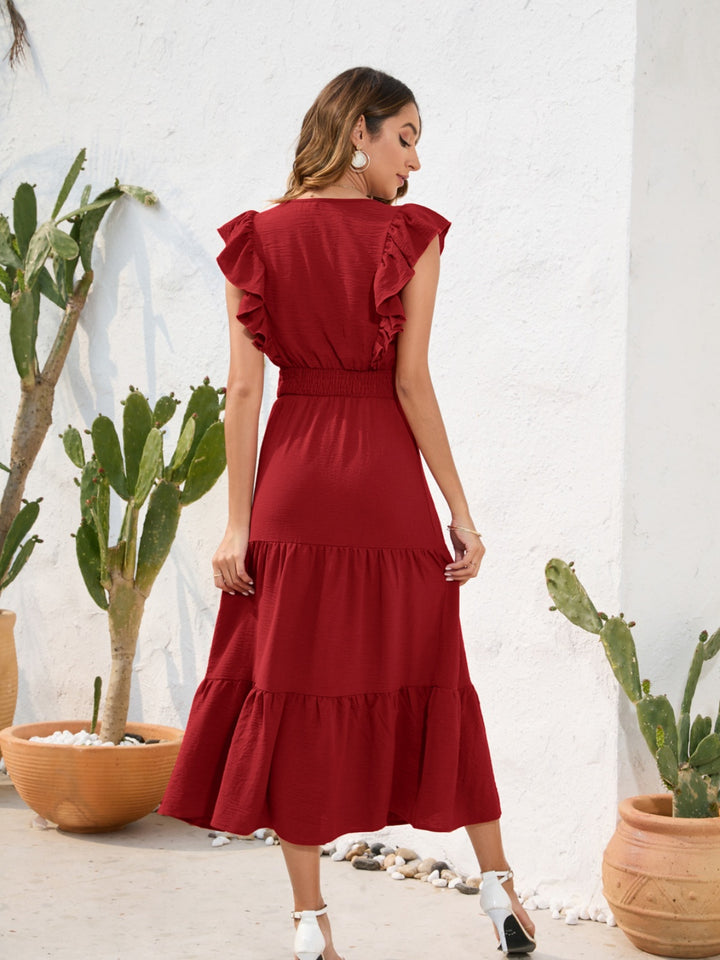 Fashion Sava | Tiered Ruffled Dress | Elegant V-Neck Design - Burgundy