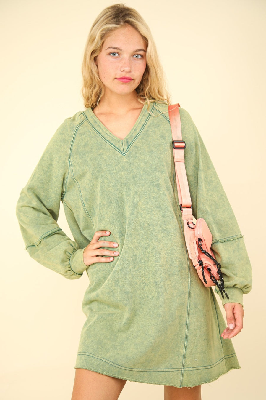 Fashion Sava | Oversized A-Line Mini Dress | Mineral Washed Casual Wear - Forest