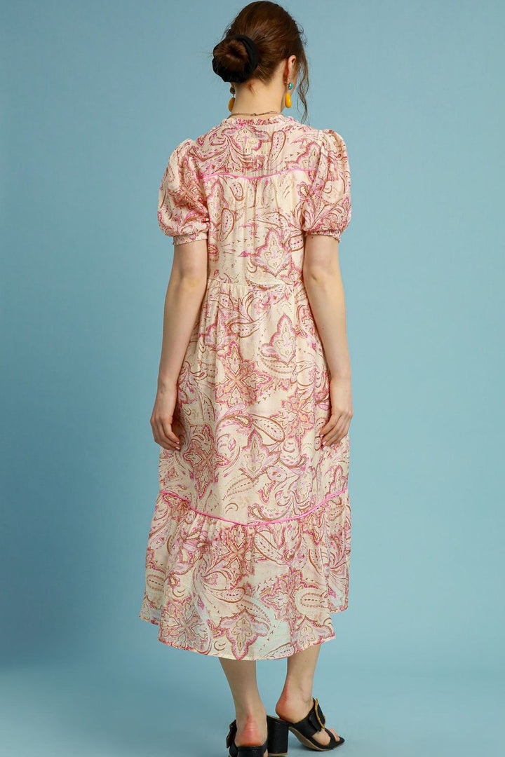 Fashion Sava | Printed Puff Sleeve Midi Dress | Plus Size - PINK MIX