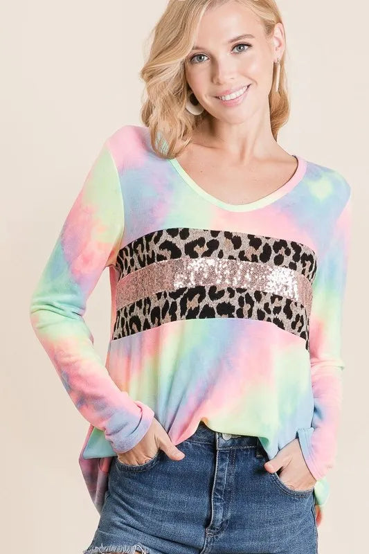 Fashion Sava | Tie Dye U-neck Top | Leopard & Sequins Style