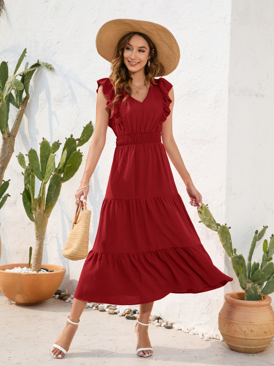 Fashion Sava | Tiered Ruffled Dress | Elegant V-Neck Design - Burgundy