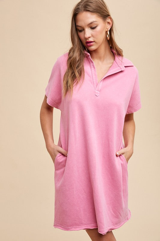 Fashion Sava | Johnny Collar Dress | Mineral Washed Short Sleeve - Fuchsia Pink
