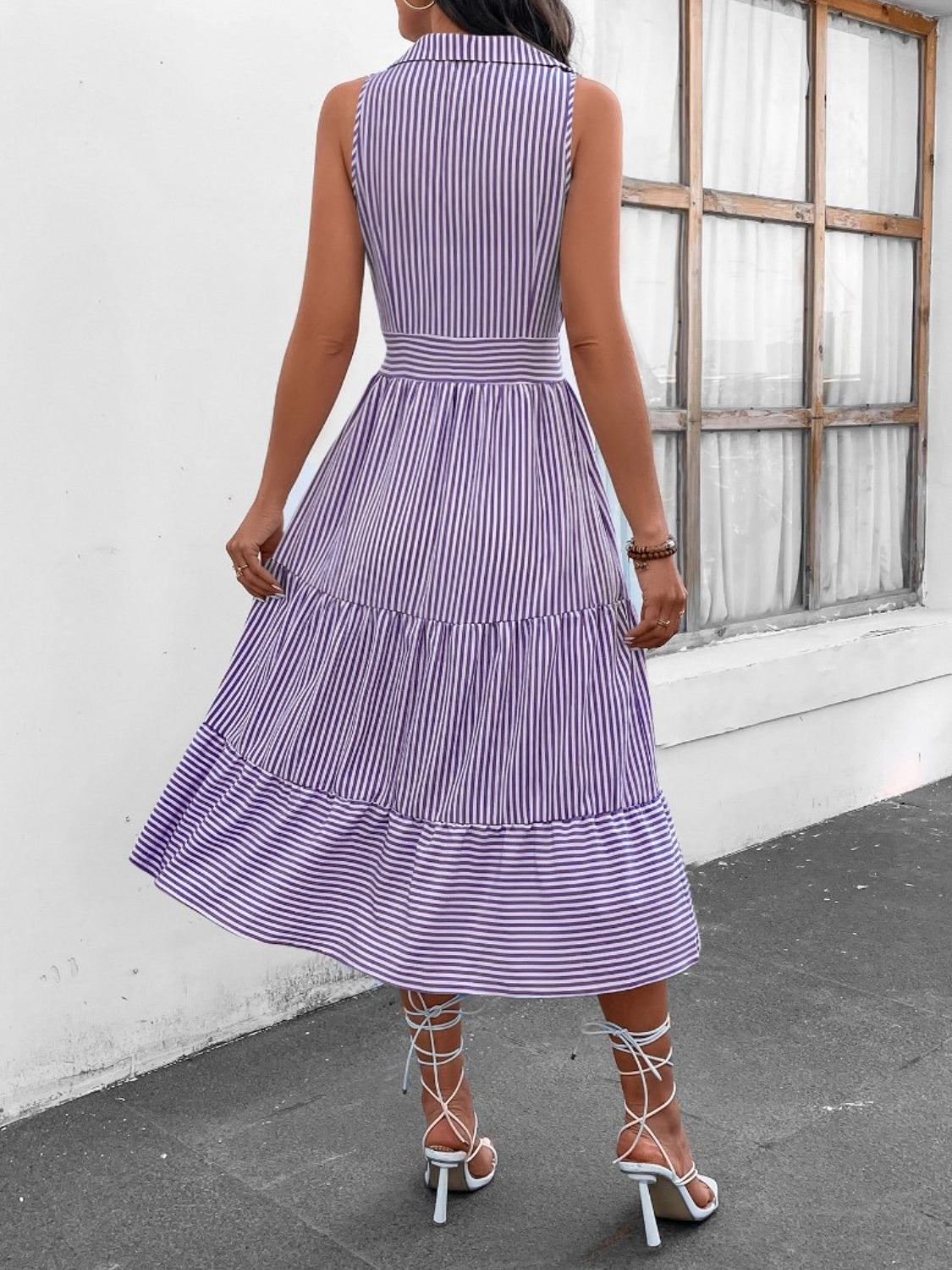 Fashion Sava | Sleeveless Midi Dress | Striped Johnny Collar Style - Pink Purple
