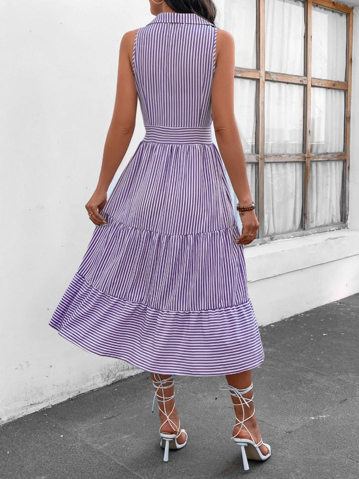 Fashion Sava | Sleeveless Midi Dress | Striped Johnny Collar Style - Pink Purple