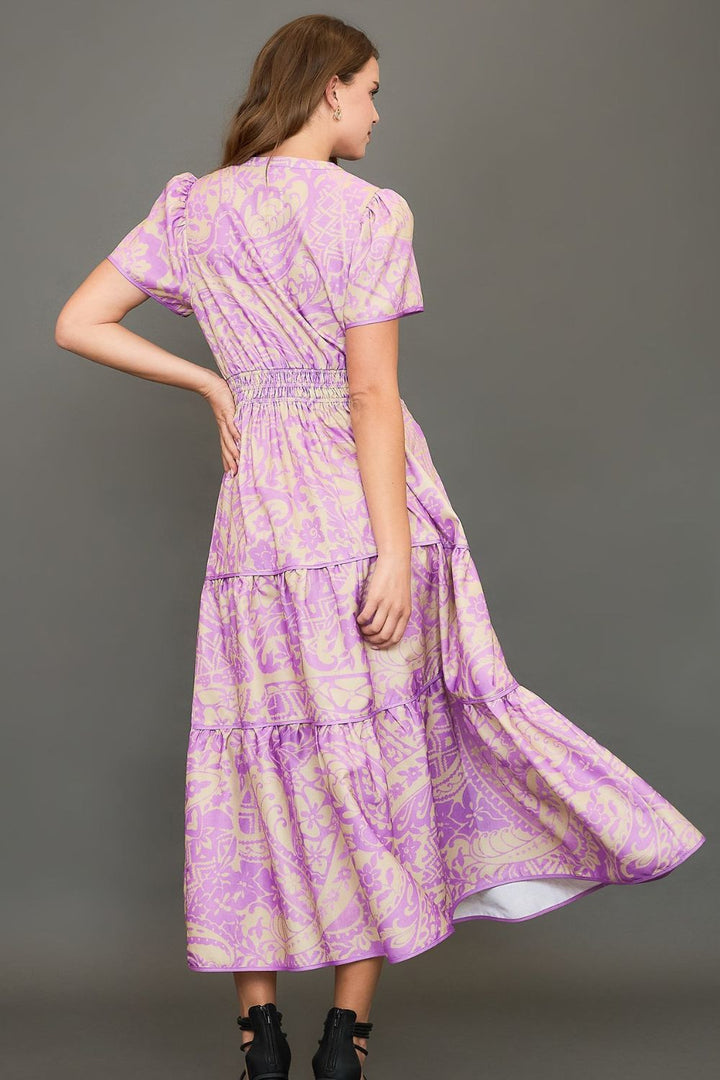 Fashion Sava | Umgee Printed Notched Tiered Dress | Plus Size - Heliotrope Purple