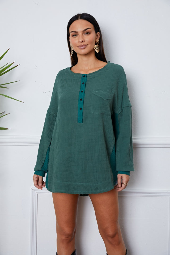 Fashion Sava | Round Neck Blouse | Half Button Up Elegance