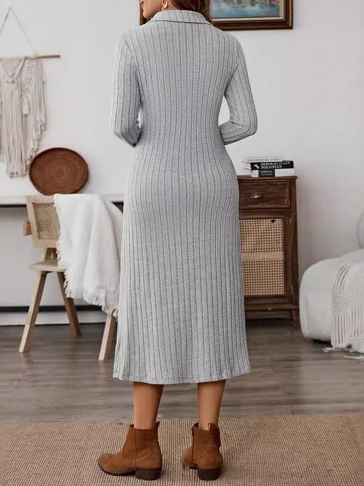 Fashion Sava | Long Sleeve Midi Dress | Collared Neck Fashion - Gray