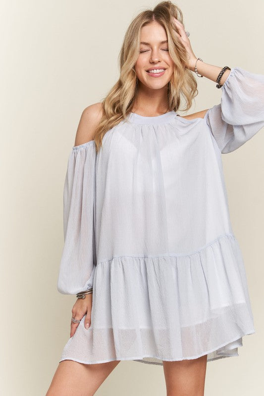 Fashion Sava | ADORA Mini Dress | Cold Shoulder & Balloon Sleeve - BLUE