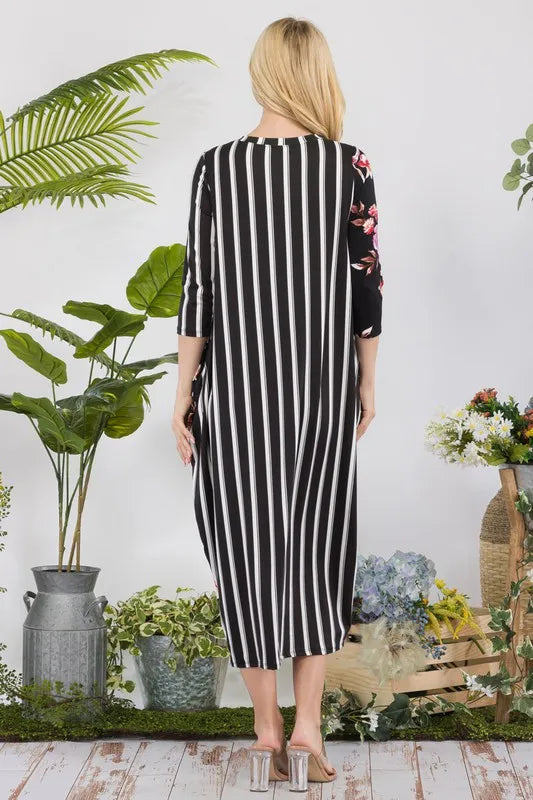 Fashion Sava | Midi-Dress | Stripe Floral Contrast with Buttons