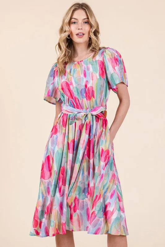 Fashion Sava | Watercolor Midi Dress | Tie Front Elegance