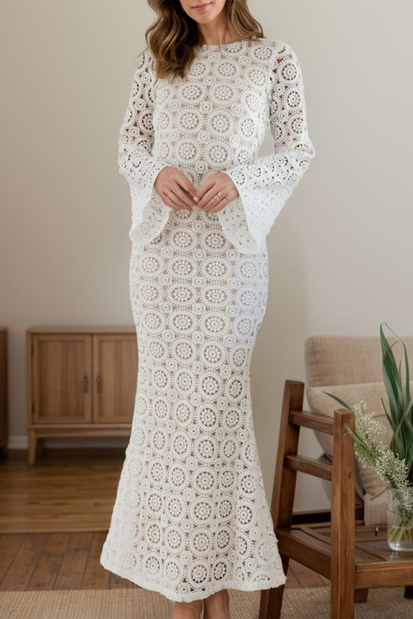 Fashion Sava | Lace Backless Dress | Flirty Flare Sleeves - White