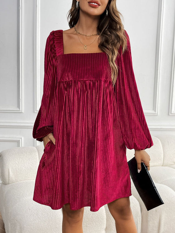 Fashion Sava | Square Neck Long Sleeve Dress | Tied & Pocketed - Burgundy