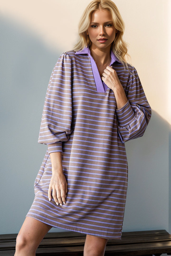 Fashion Sava | Striped Mini Dress | Long Sleeve Style - Turquoise
