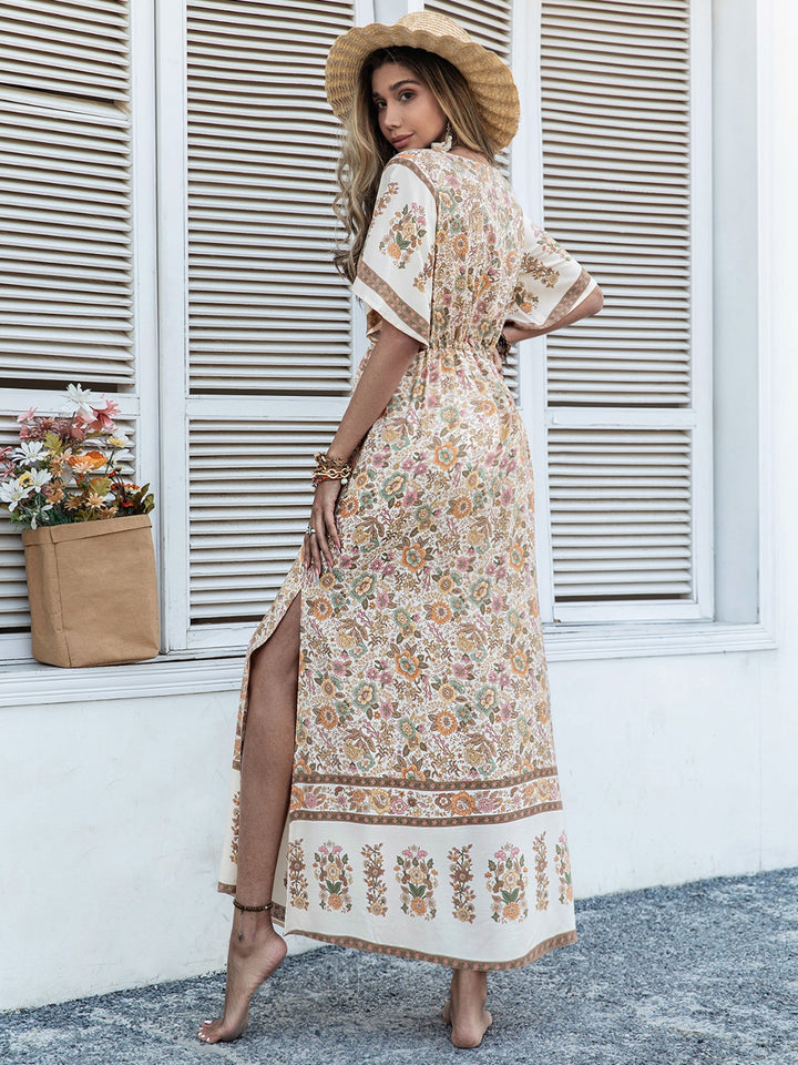 Fashion Sava | Plunge Half Sleeve Dress | Drawstring & Printed Design - Khaki