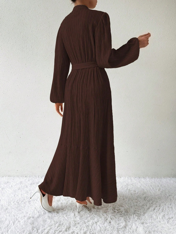 Fashion Sava | Button Tie Maxi Dress | Long Sleeve Elegance - Chocolate