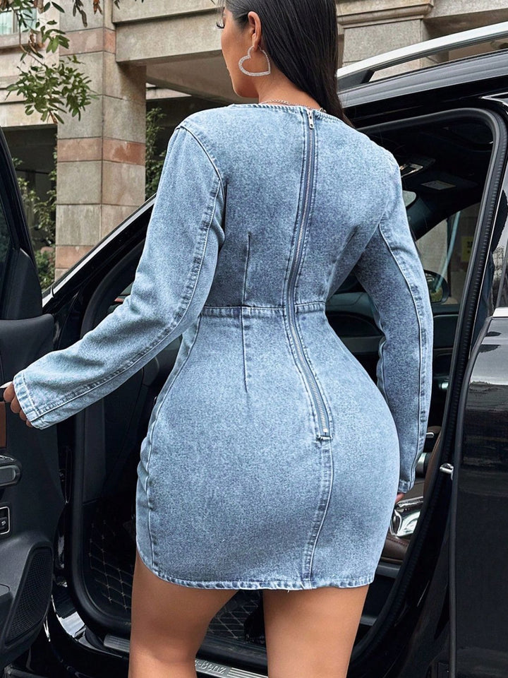 Fashion Sava | Surplice Denim Dress | Versatile Long Sleeve Style - Light