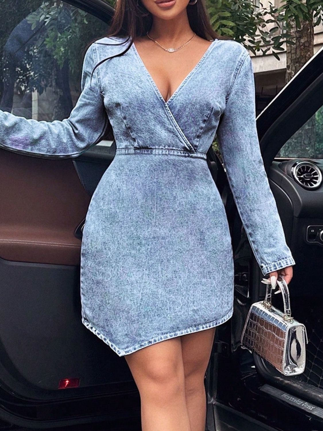 Fashion Sava | Surplice Denim Dress | Versatile Long Sleeve Style - Light