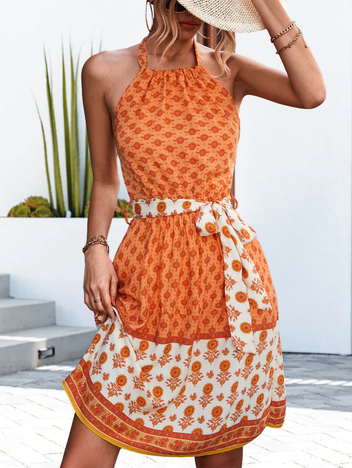 Fashion Sava | Floral Halter Dress | Tie Waist Styling - Orange