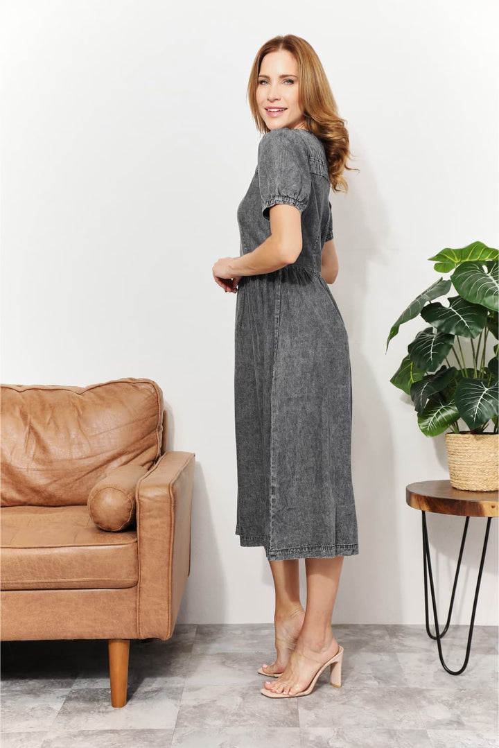 Fashion Sava | Chambray Midi Dress | Casual & Versatile Wear - Dark Gray