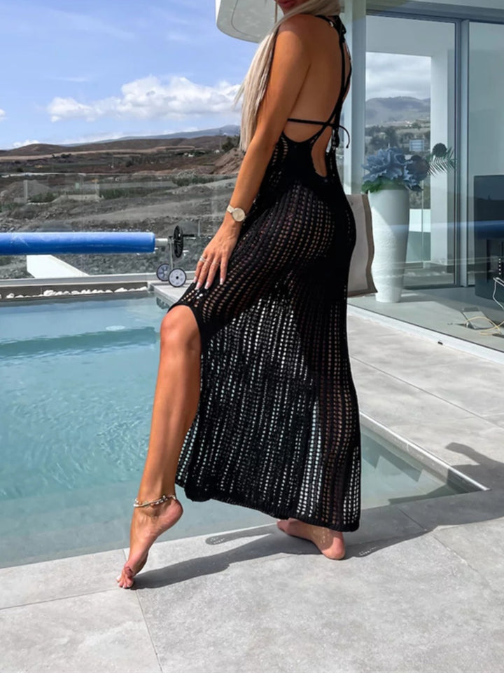 Fashion Sava | Openwork Slit Dress | Wide Strap Elegance - Beige