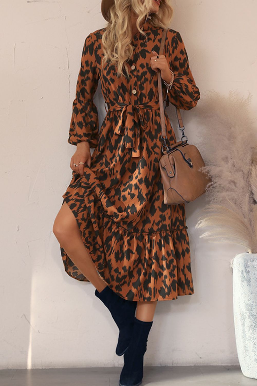 Perfee Printed Bubble Sleeve Buttoned Shirt Dress