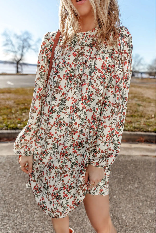 Fashion Sava | Floral Mini Dress | Round Neck & Long Sleeve - Floral