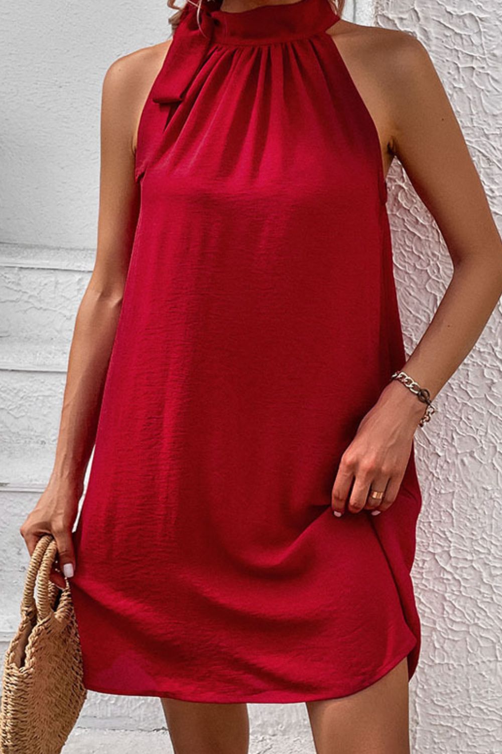 Perfee Tied Mock Neck Sleeveless Dress