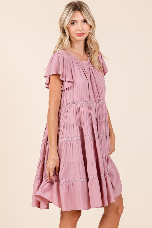 Fashion Sava | Mittoshop Button Down Dress | Lace Ruffled Tiered Design - Dusty Pink