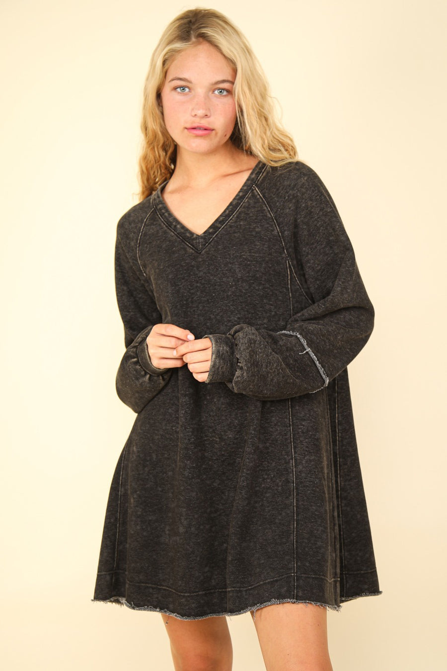 Fashion Sava | Mineral Washed A-Line Mini Dress | Oversized Style - Black