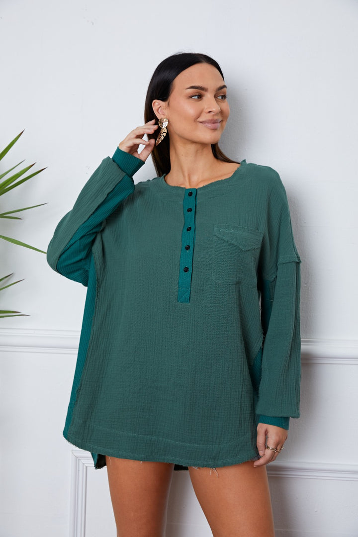 Fashion Sava | Round Neck Blouse | Half Button Up Elegance