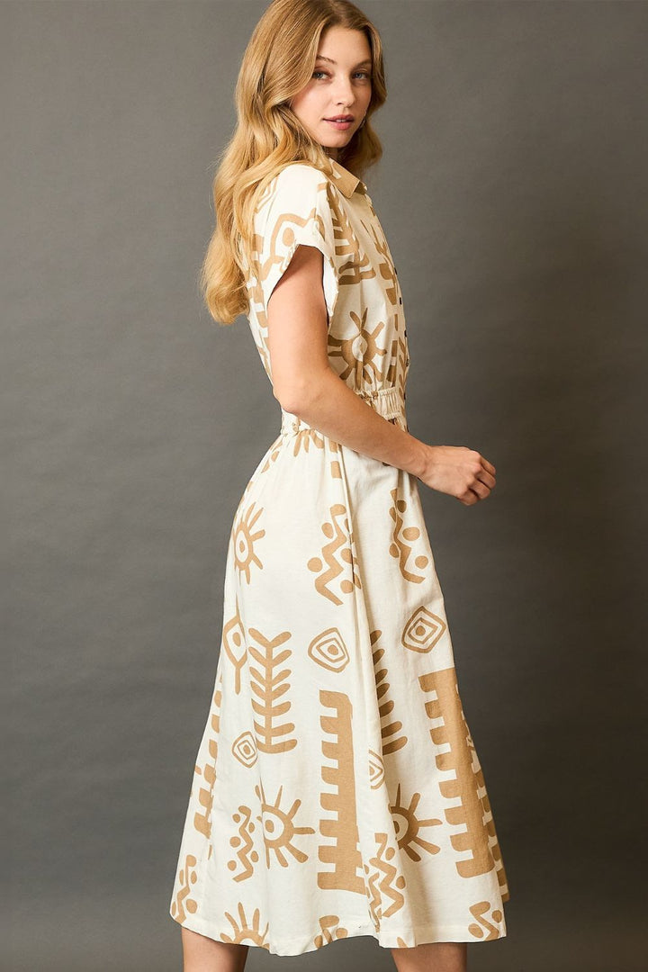 Fashion Sava | Abstract Print Midi Dress | Elastic Waist Plus Size - Tan
