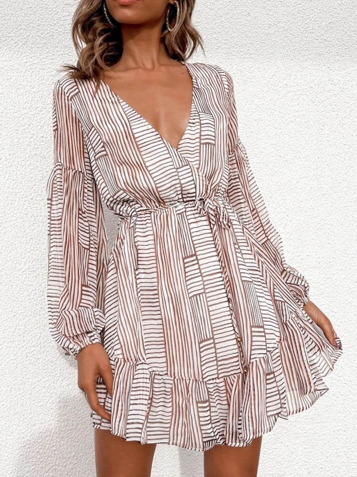 Fashion Sava | Surplice Long Sleeve Dress | Back Cutout Design - Camel